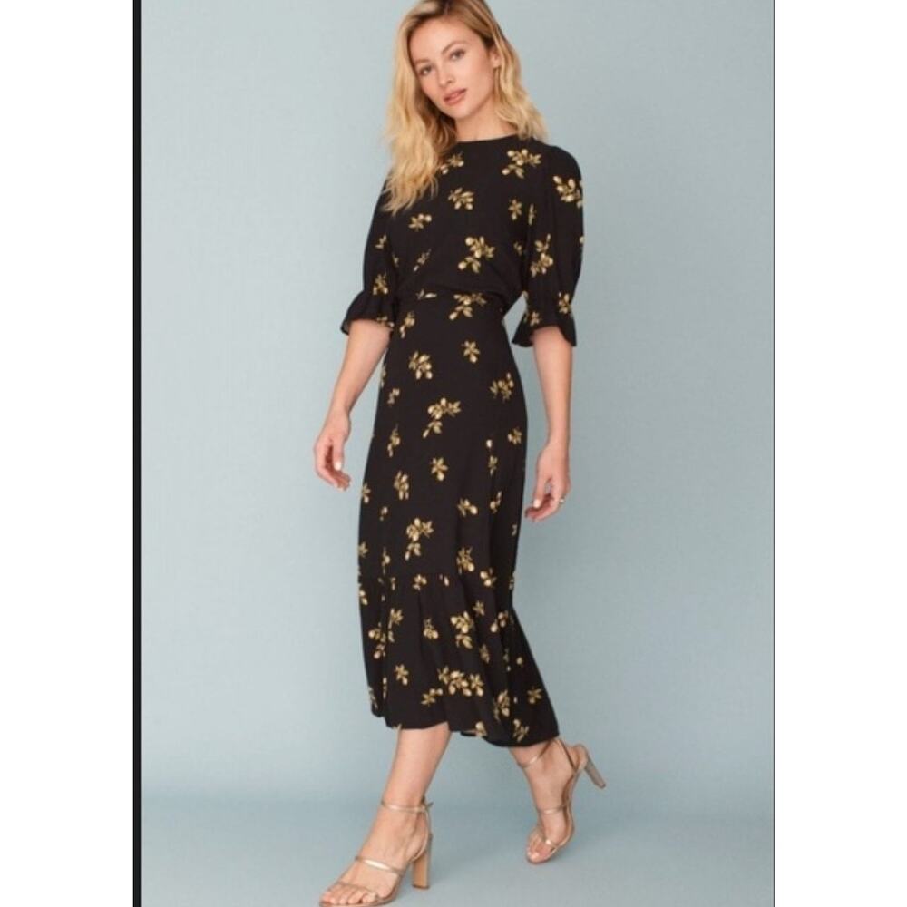 Reformation Black Floral Mayflield Midi Dress